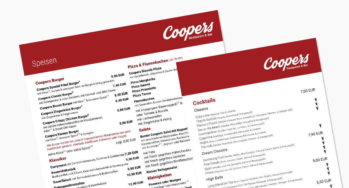 Coopers Speisekarte Coopers Speisekarte